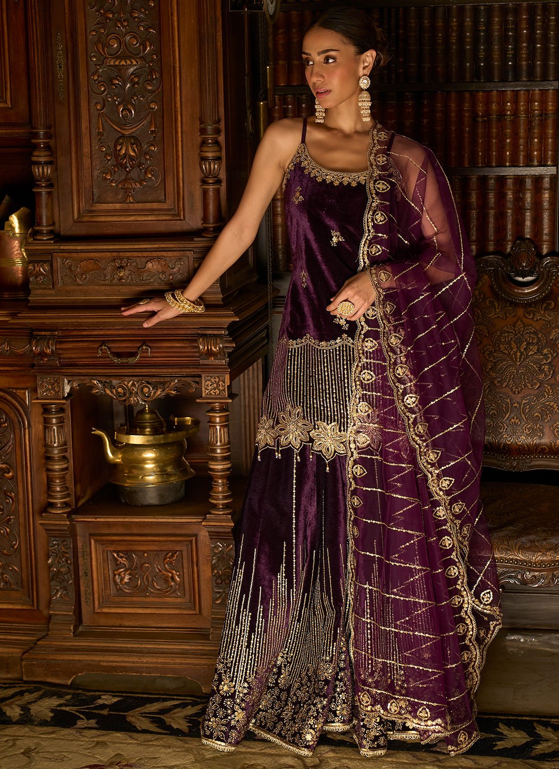 Purple Embroidered Velvet Sharara Suit - Lashkaraa