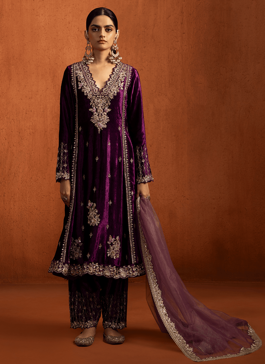 Purple Embroidered Velvet Straight Suit Purple Embroidered Velvet Straight Suit