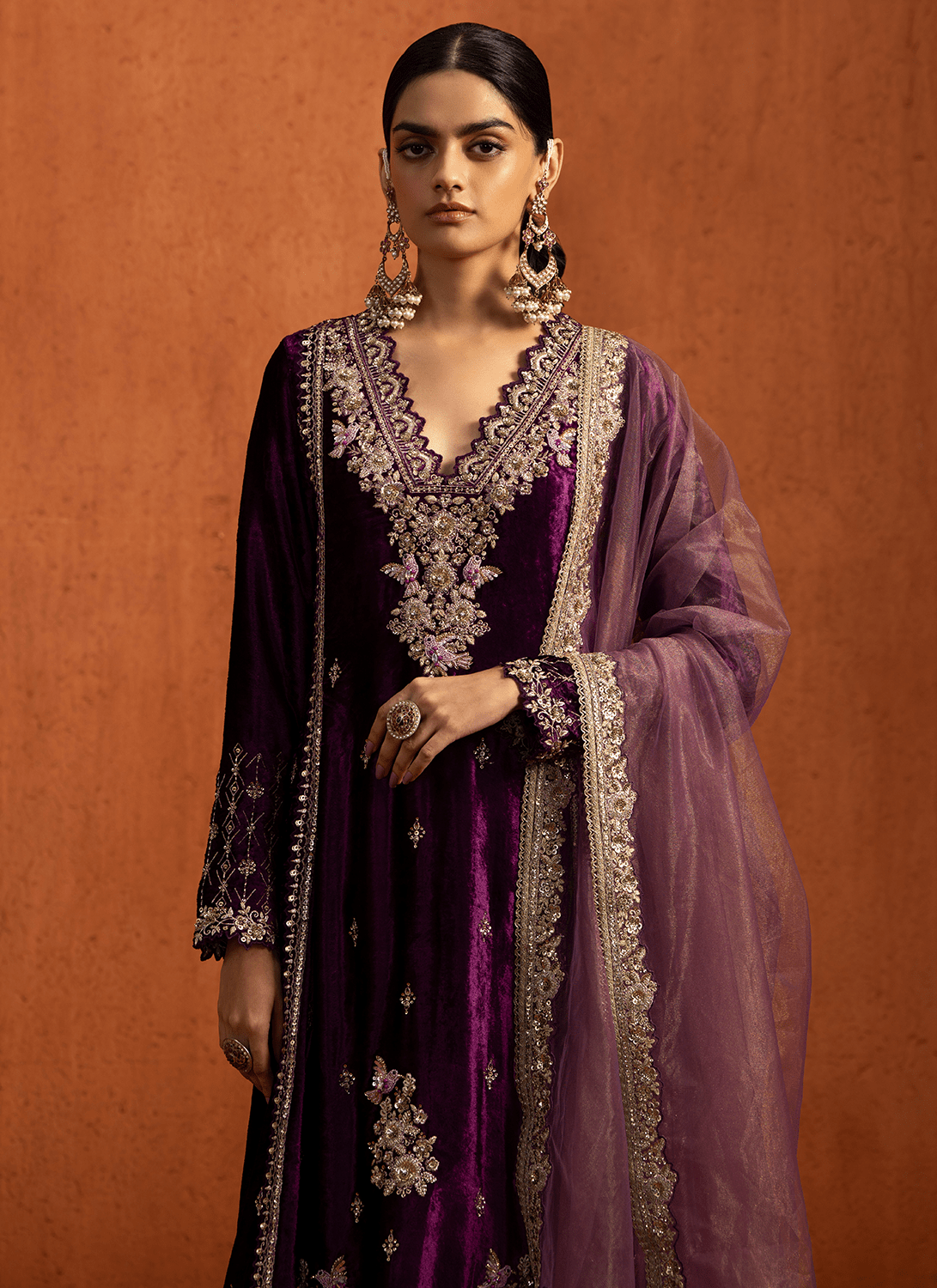 green emerald velvet dress Dark Purple Full Embroidered Velvet Thoub main image 1