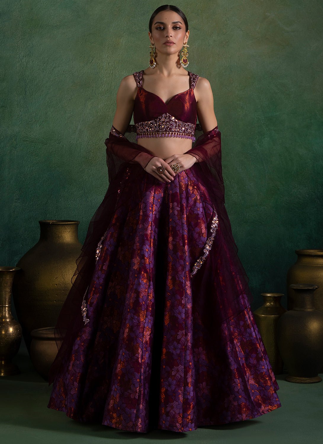 Purple Floral Brocade Lehenga - Lashkaraa
