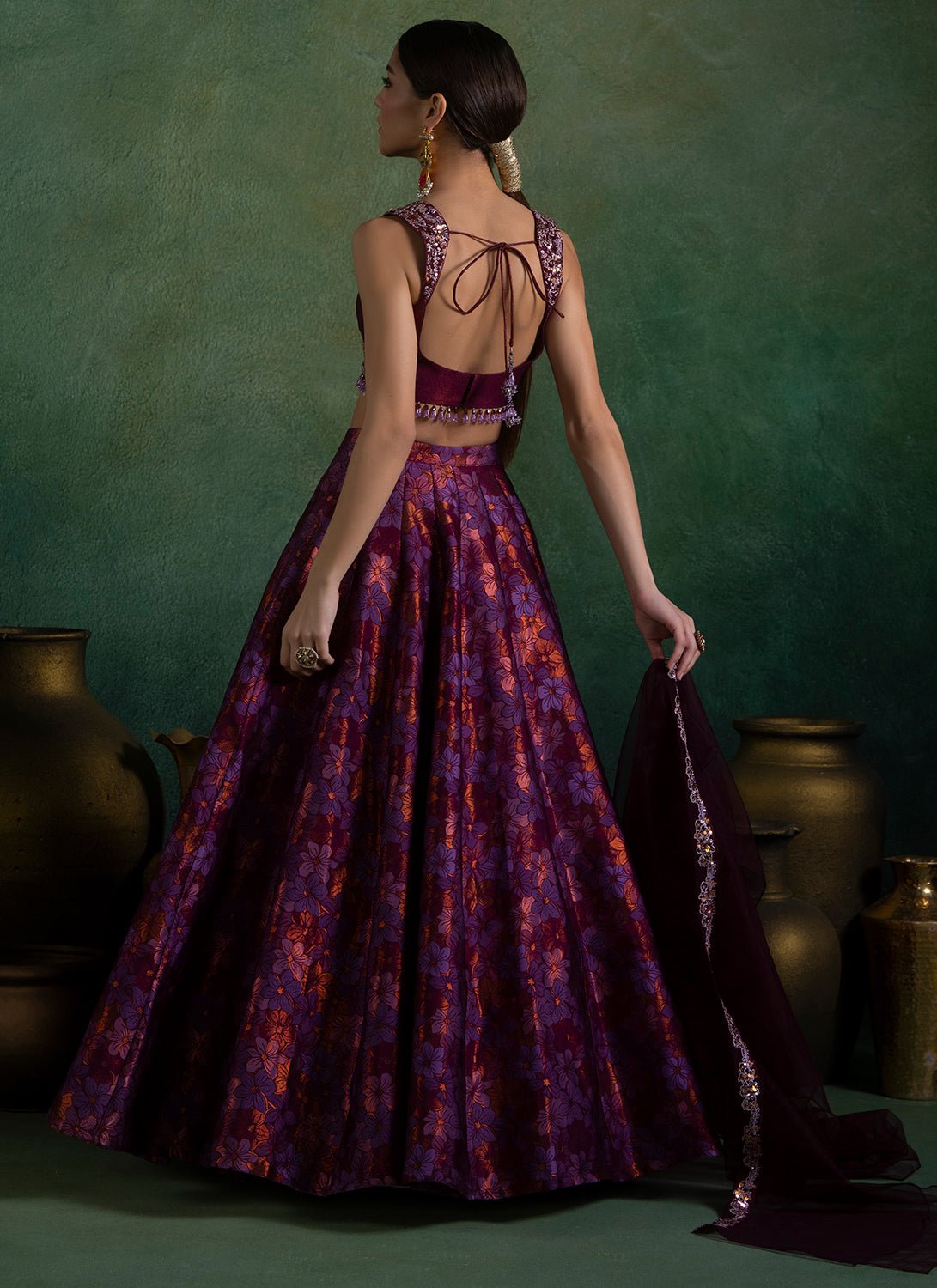 Purple Floral Brocade Lehenga - Lashkaraa
