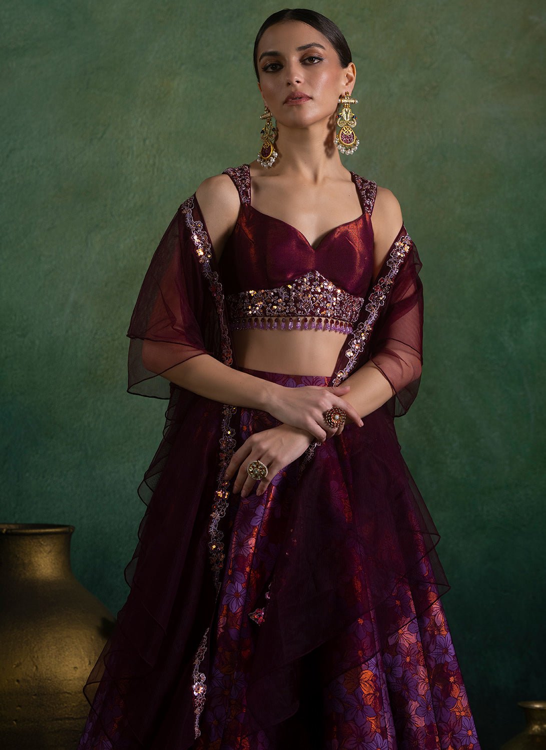 Purple Floral Brocade Lehenga - Lashkaraa