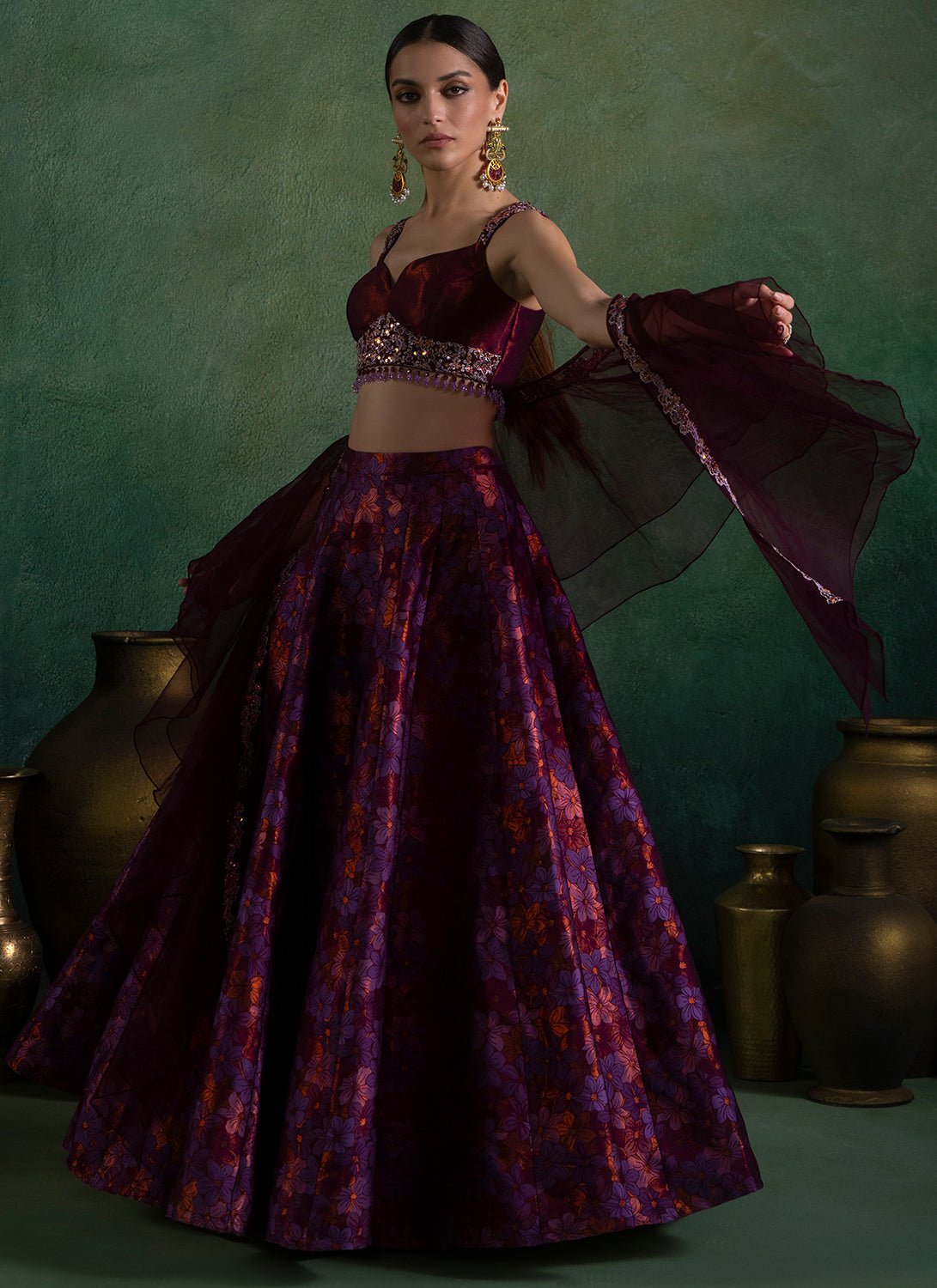 Purple Floral Brocade Lehenga - Lashkaraa