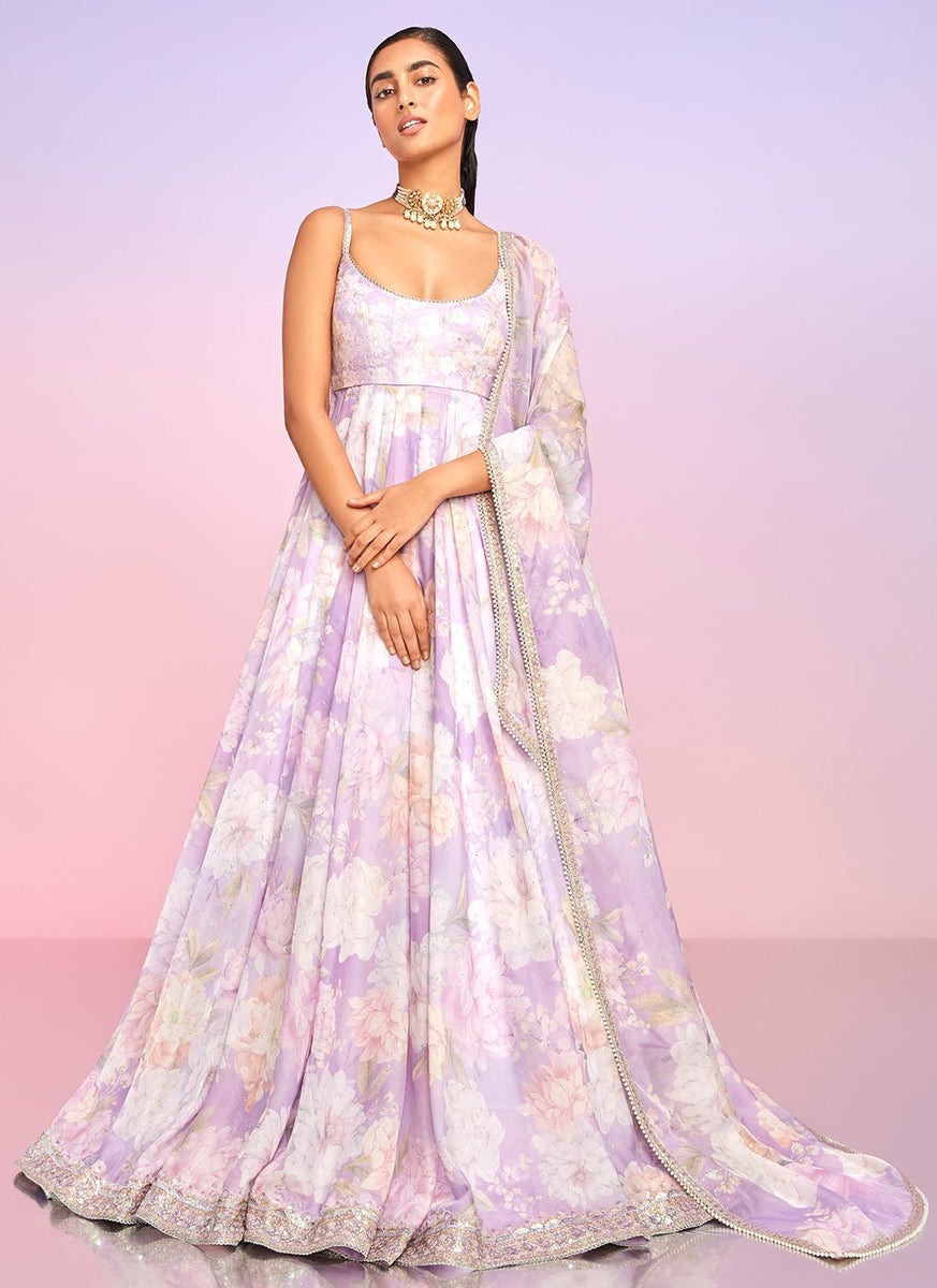 purple anarkali dress Glowing Light Purple Color Star Georgette Sequence Embroidery Work Anarkali Gown for Women's by Queen Suits Ram 081 Light Purple