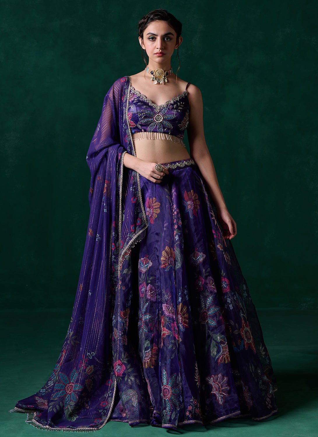 Purple Multicolor Floral Printed Lehenga - Lashkaraa
