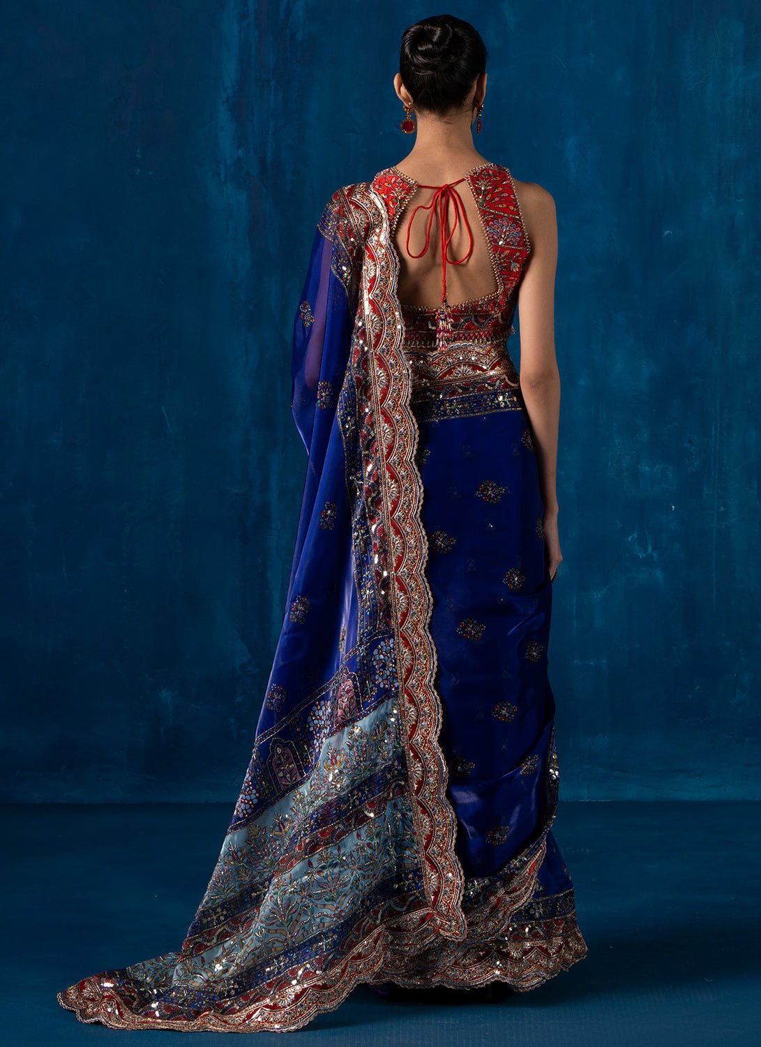 Red and Blue Embroidered Organza Saree - Lashkaraa