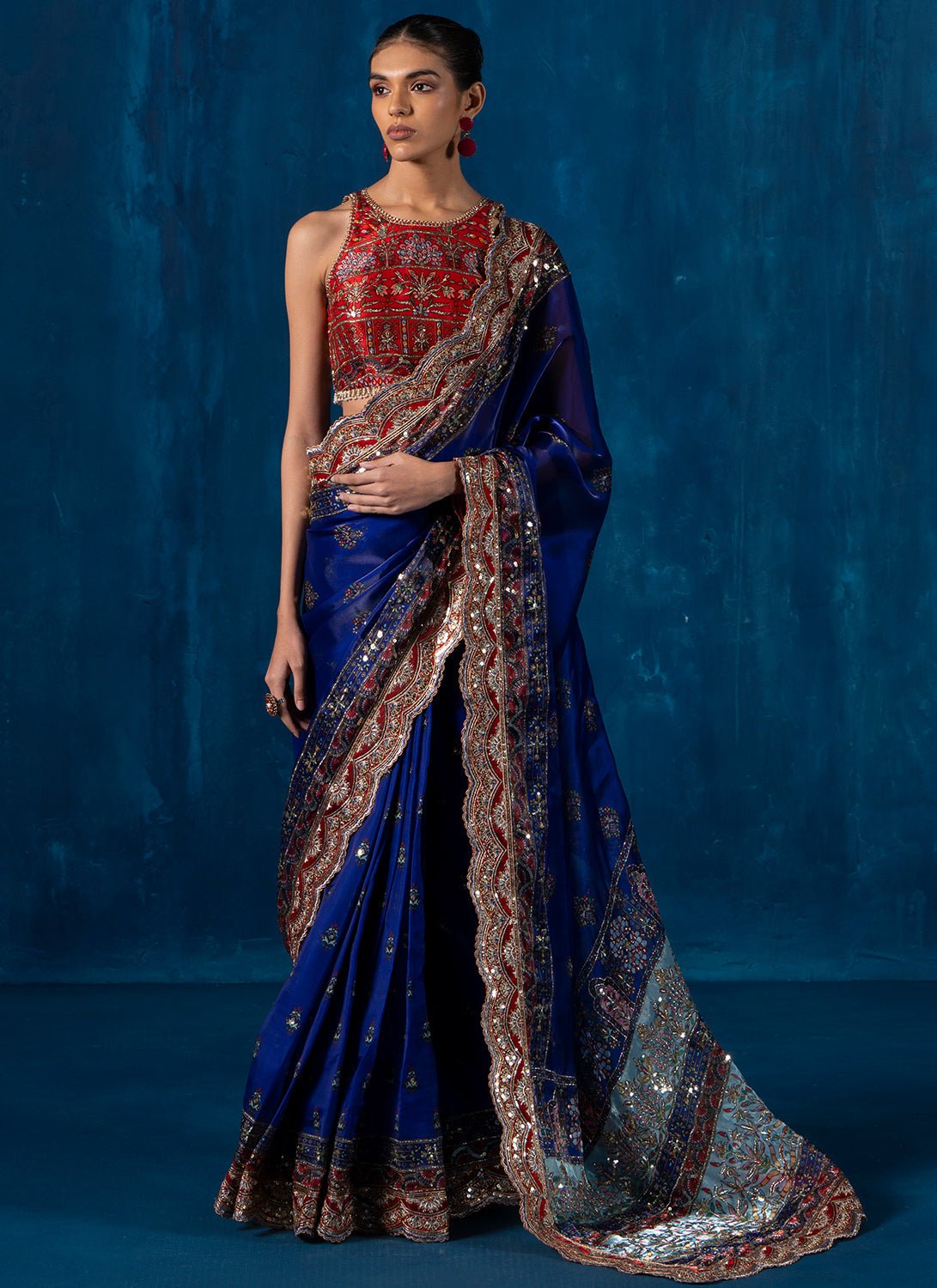 Red and Blue Embroidered Organza Saree - Lashkaraa