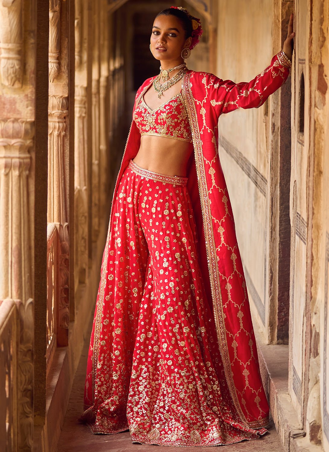 Red and Gold Embroidered Pant Set With Jacket - Lashkaraa