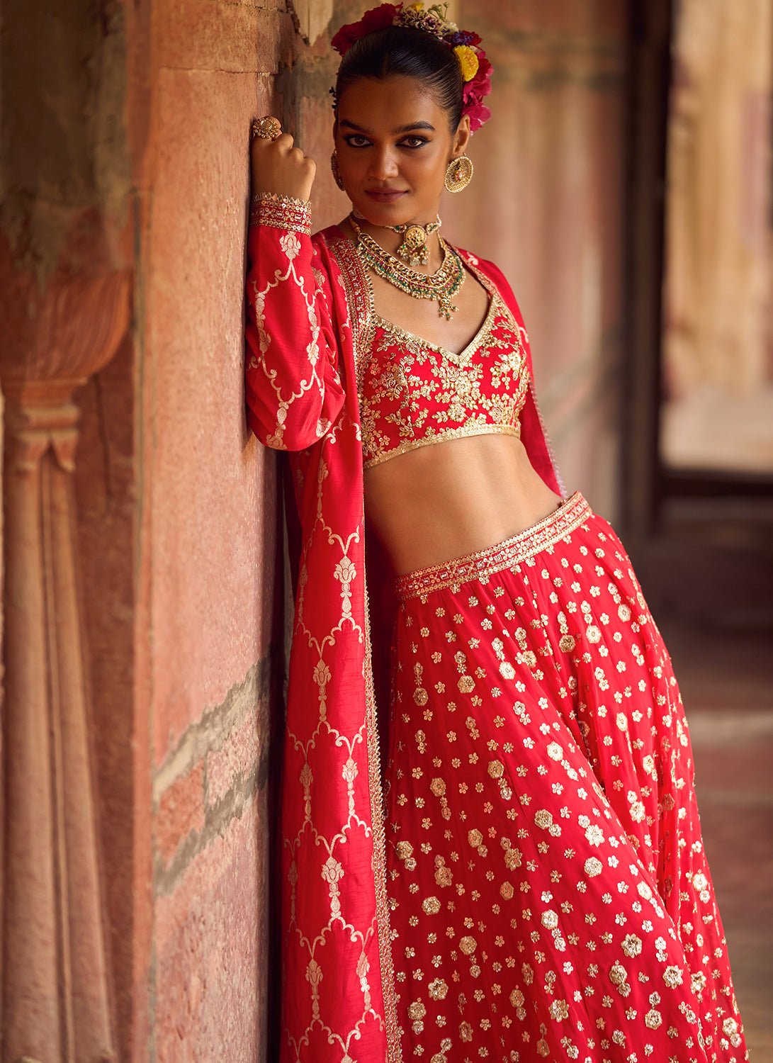 Red and Gold Embroidered Pant Set With Jacket - Lashkaraa