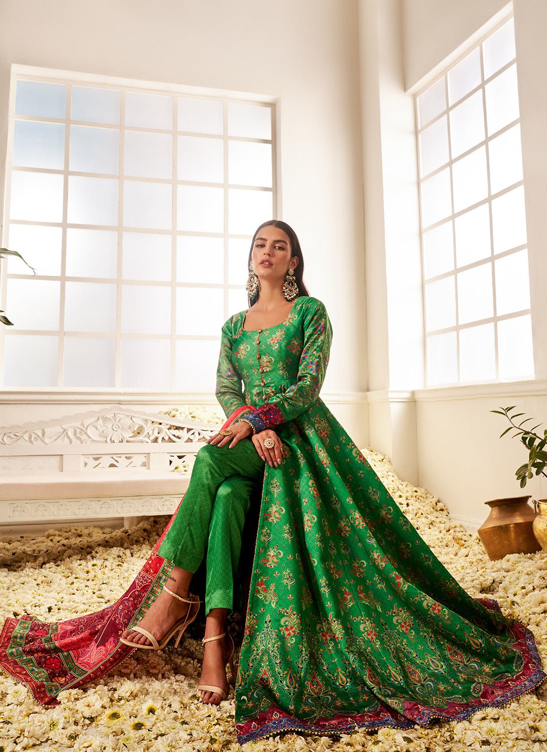 Red and Green Floral Printed Pant Style Anarkali - Lashkaraa