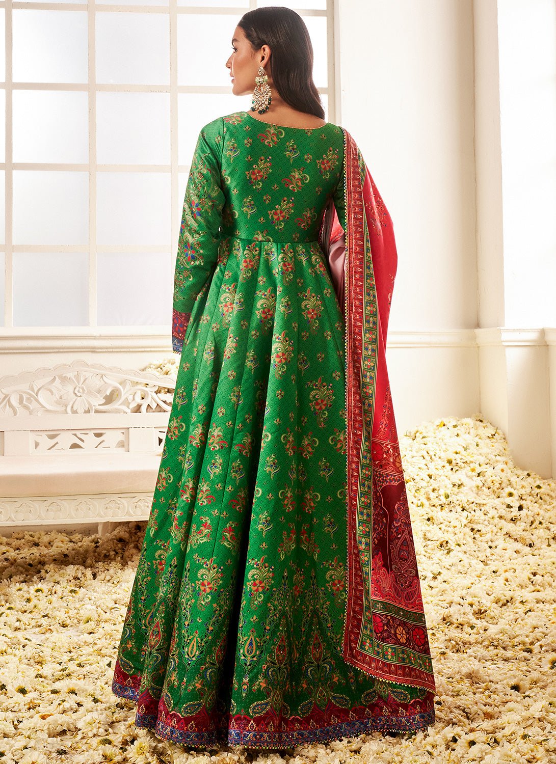 Red and Green Floral Printed Pant Style Anarkali - Lashkaraa