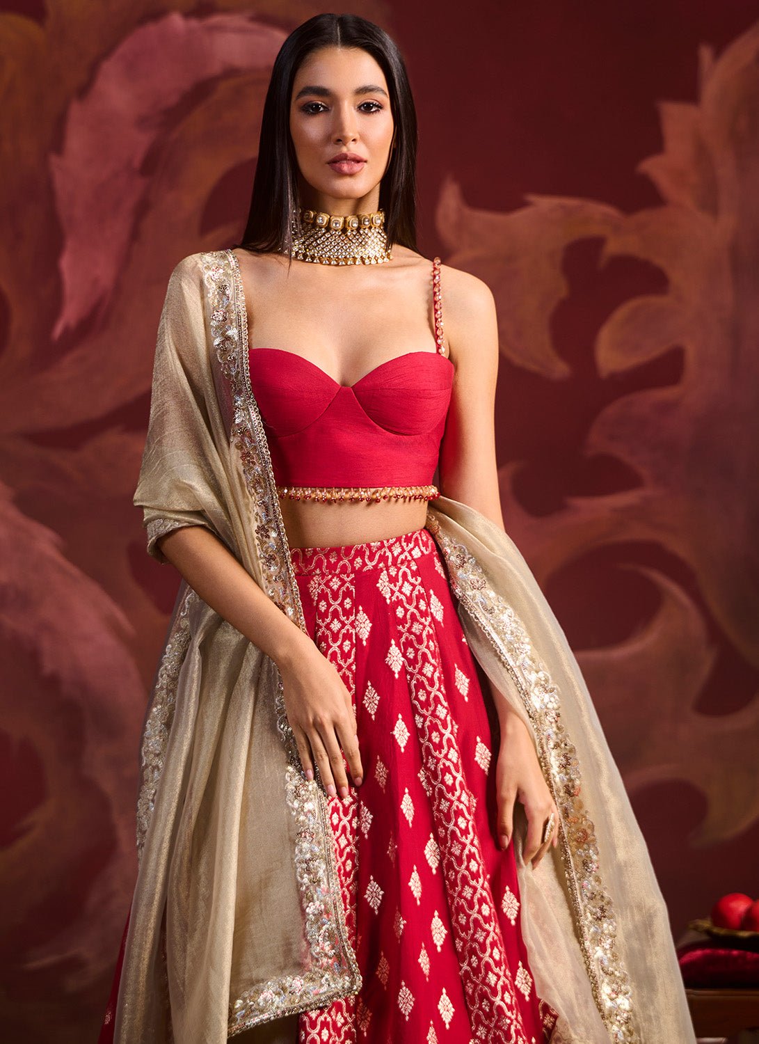 Red Embroidered Brocade Lehenga - Lashkaraa
