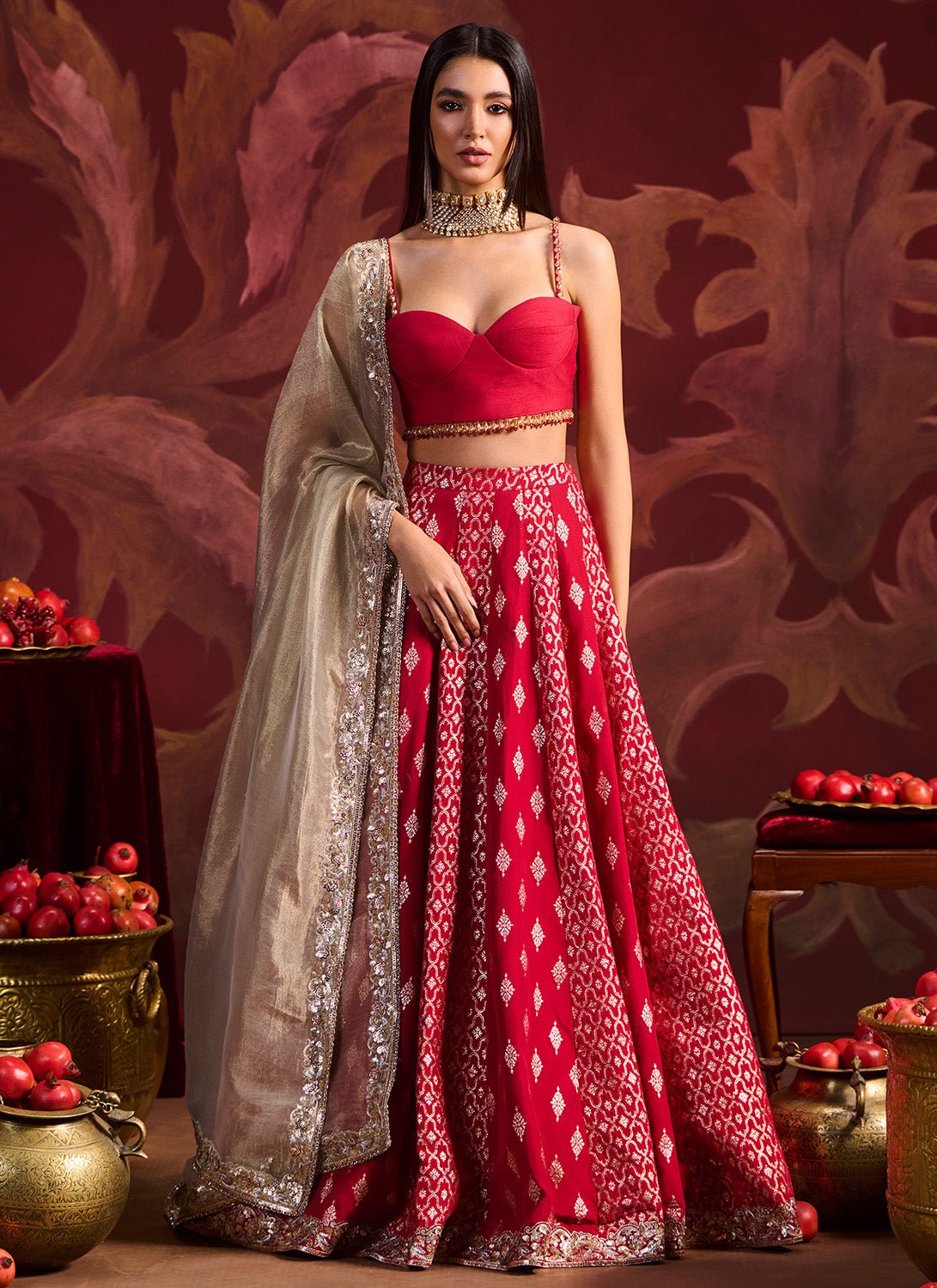 Red Embroidered Brocade Lehenga - Lashkaraa