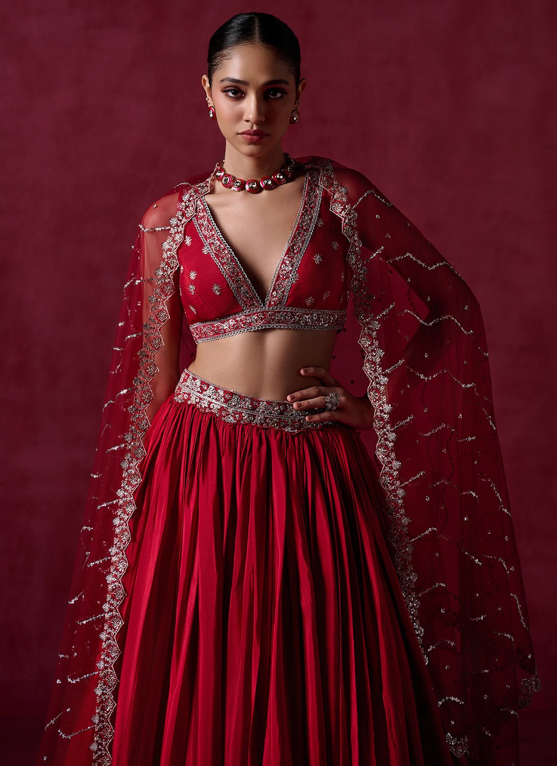 Red Embroidered Crepe Silk Lehenga - Lashkaraa