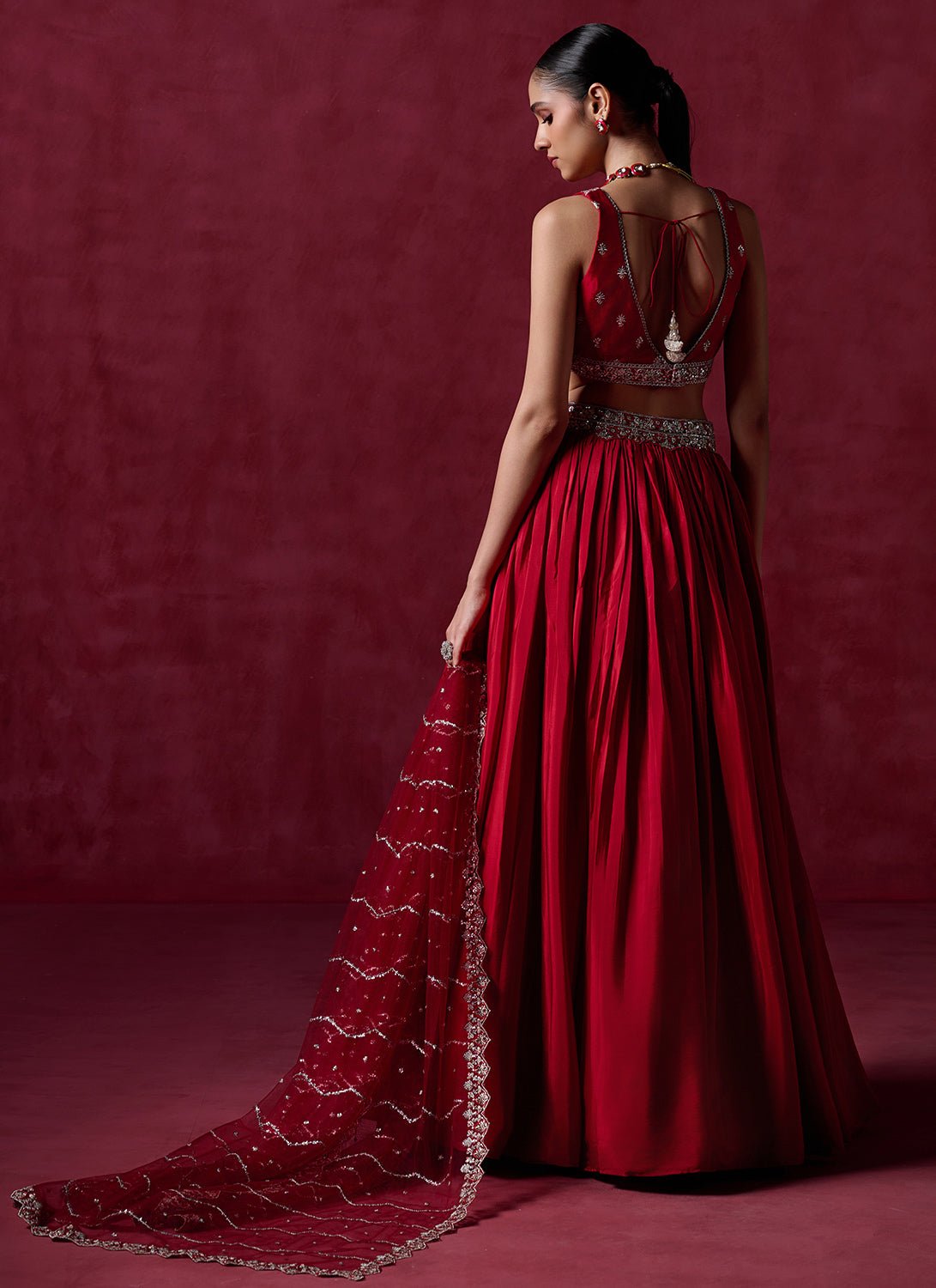 Red Embroidered Crepe Silk Lehenga - Lashkaraa