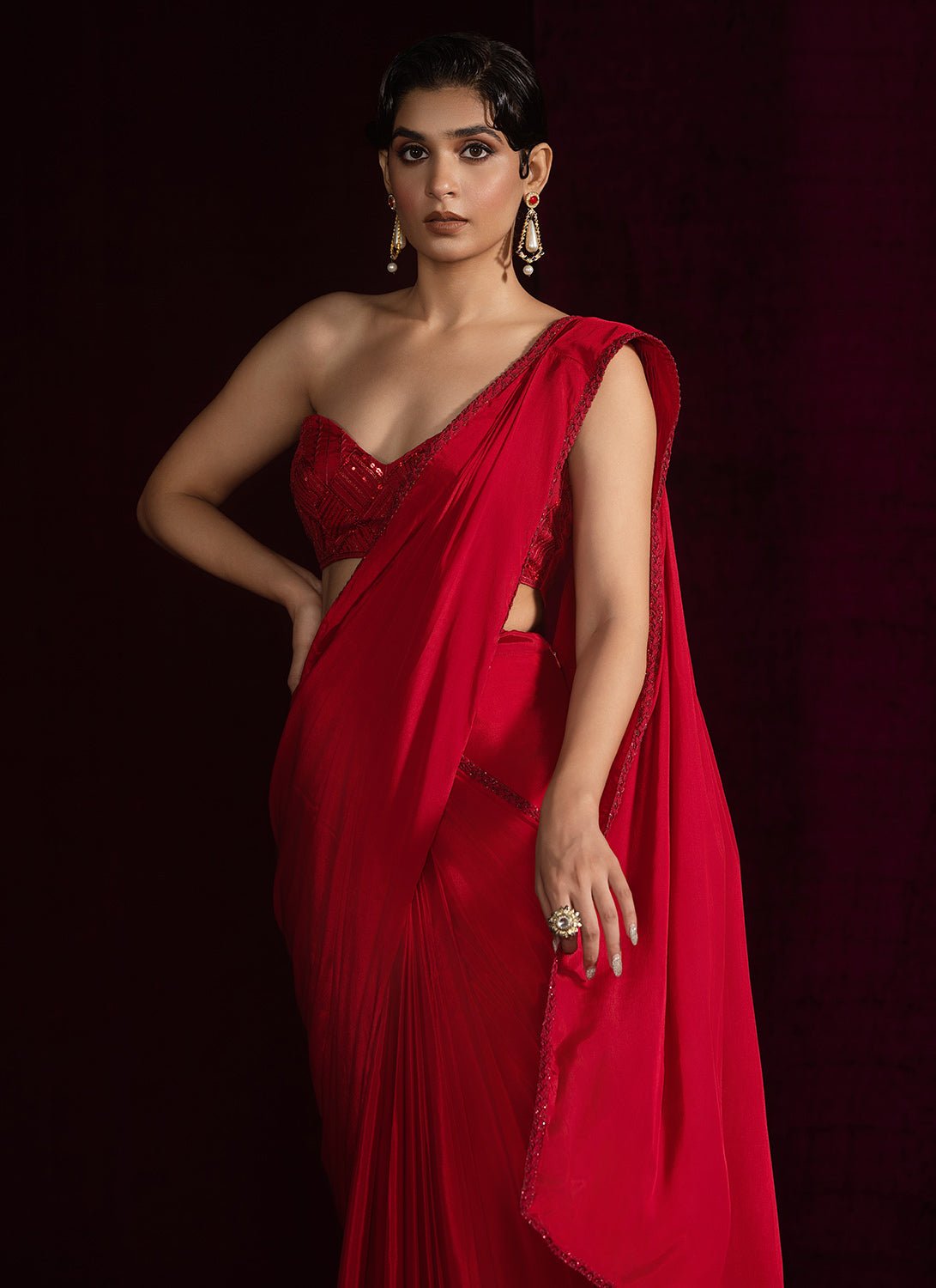 Red Embroidered Jacket Style Saree - Lashkaraa