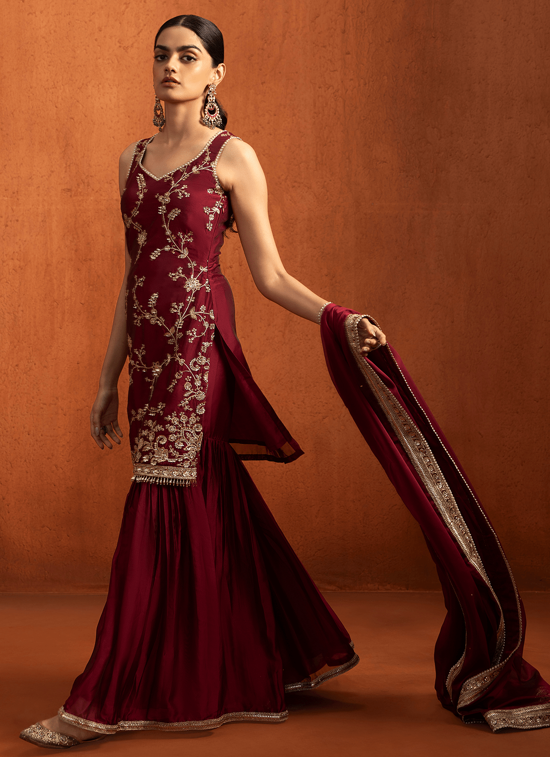 Red Embroidered Silk Gharara Suit - Lashkaraa