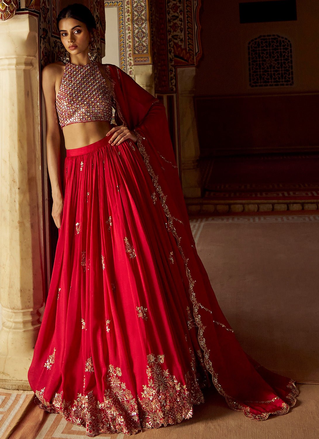 Red Embroidered Silk Lehenga - Lashkaraa