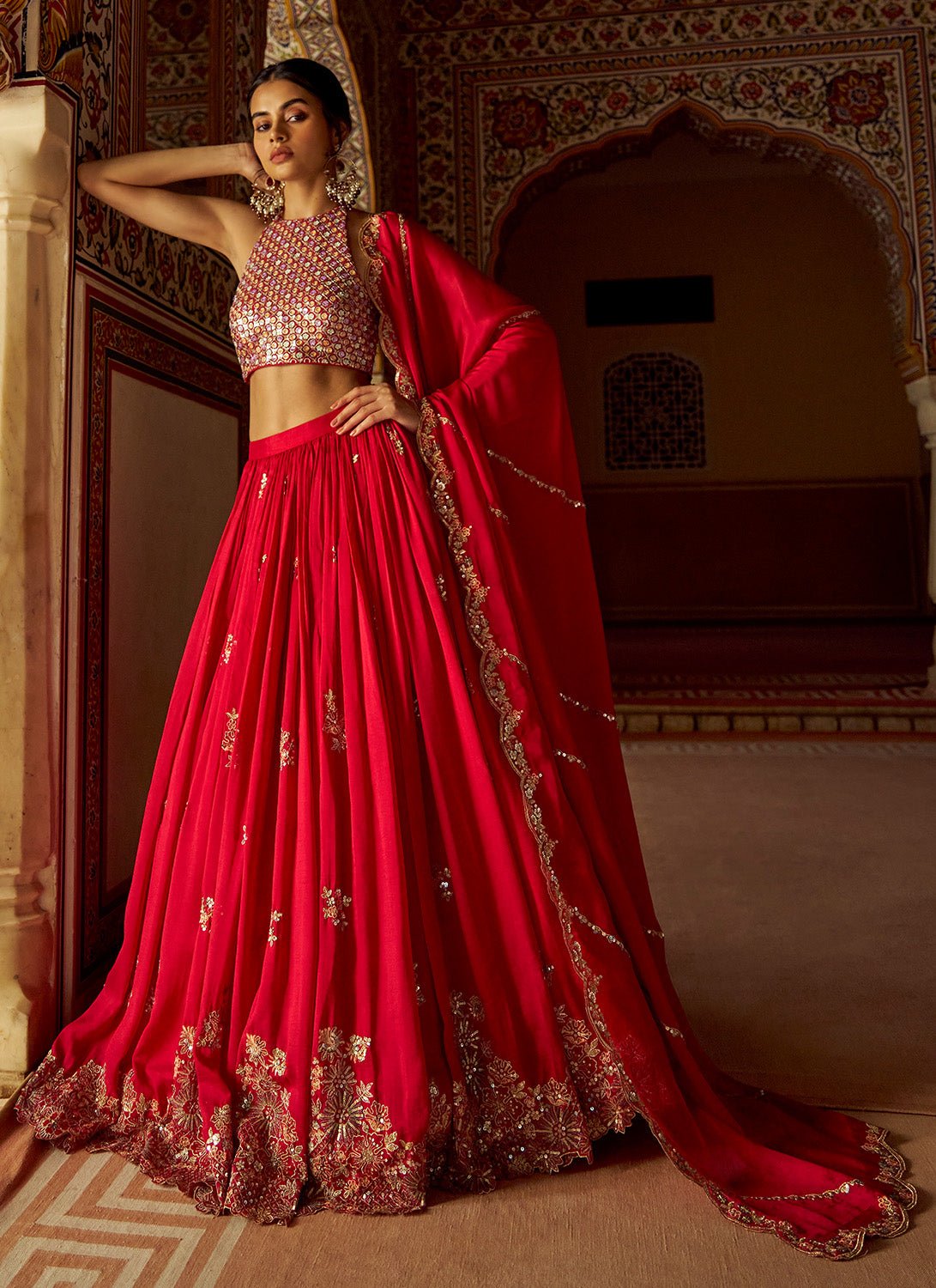 Red Embroidered Silk Lehenga - Lashkaraa