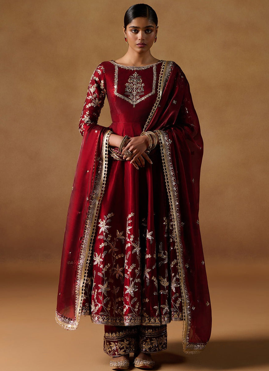 red anarkali dress Red Embroidered Silk Anarkali