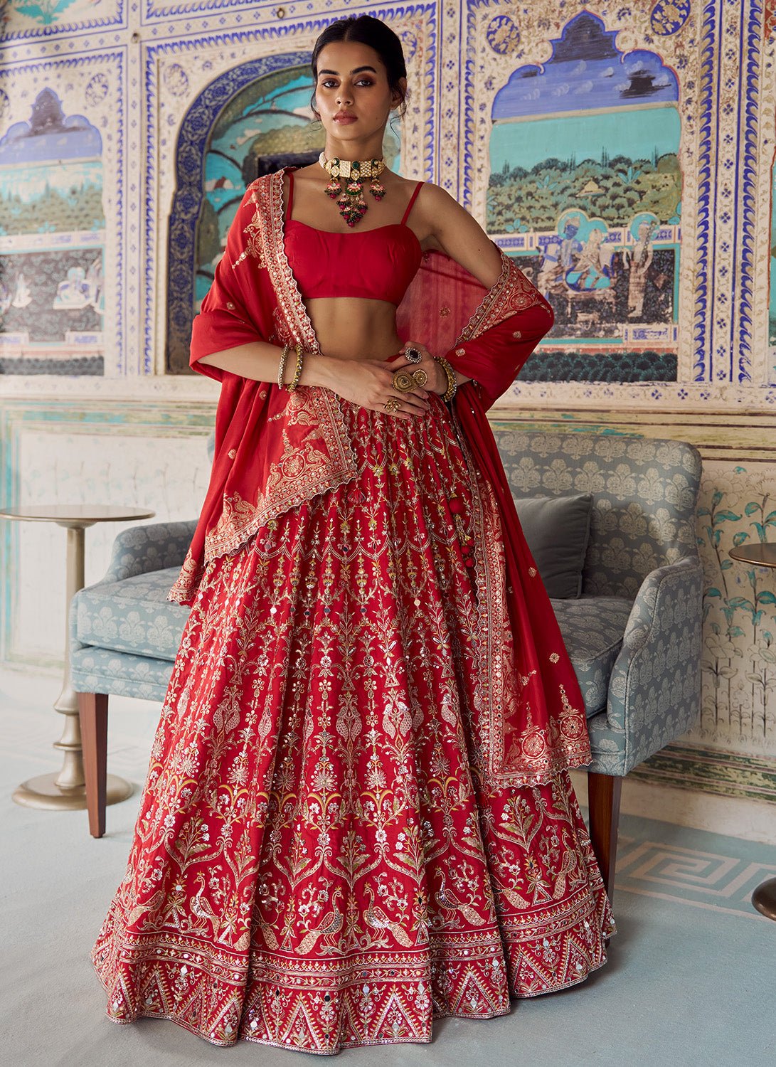 Red Embroidered Viscose Silk Lehenga - Lashkaraa