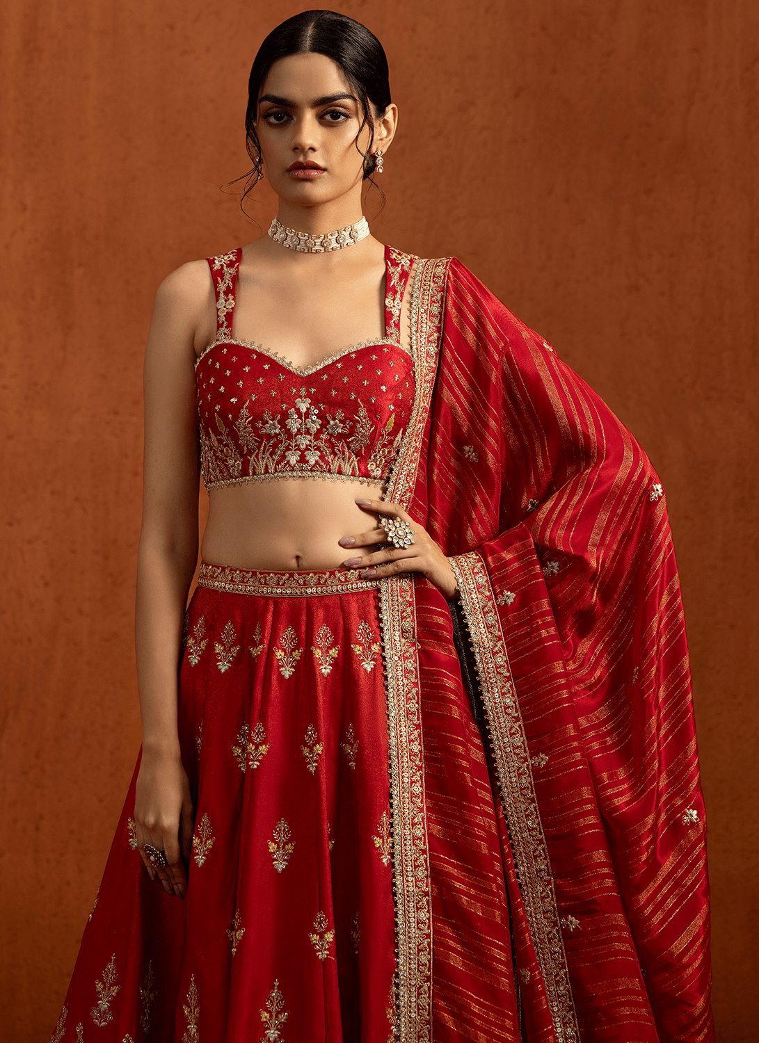 Red Embroidered Viscose Tissue Satin Lehenga - Lashkaraa