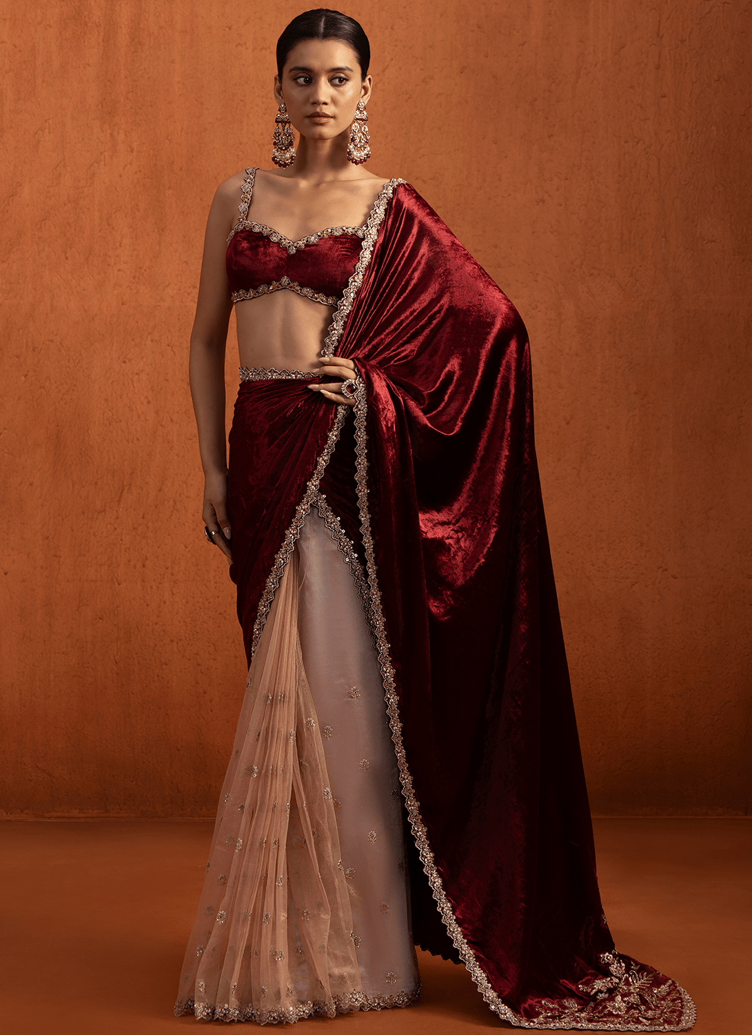Red Multicolor Embroidered Viscose Velvet Saree - Lashkaraa