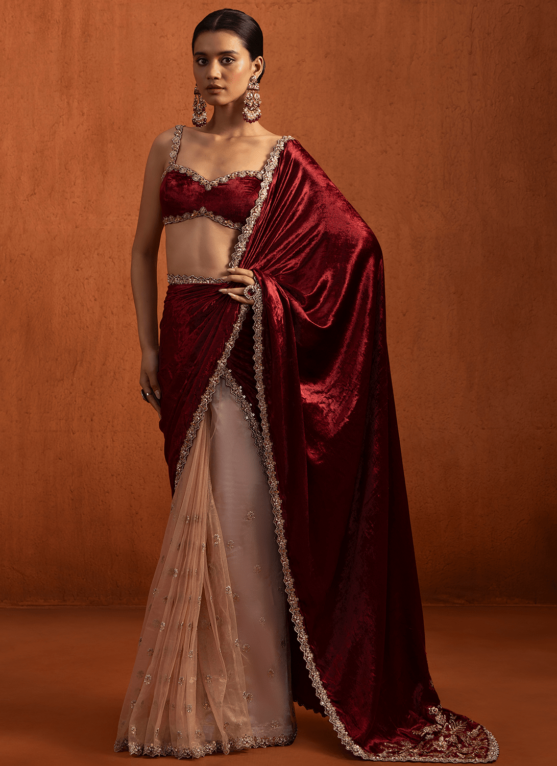 Red Multicolor Embroidered Viscose Velvet Saree - Lashkaraa