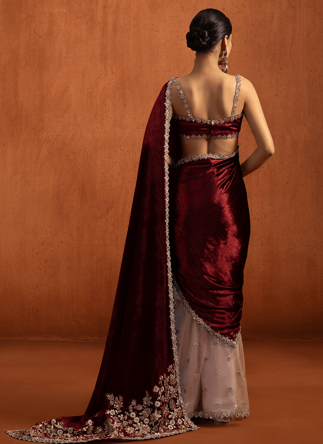 Red Multicolor Embroidered Viscose Velvet Saree - Lashkaraa