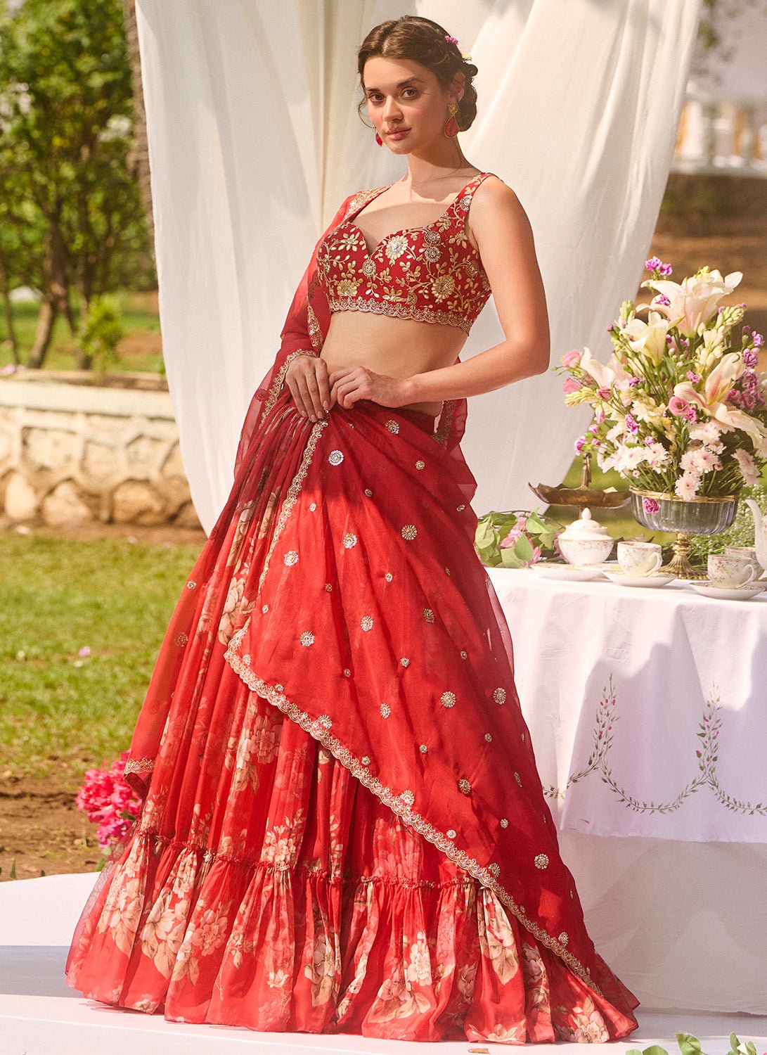 Red Multicolor Floral Embroidered Lehenga - Lashkaraa