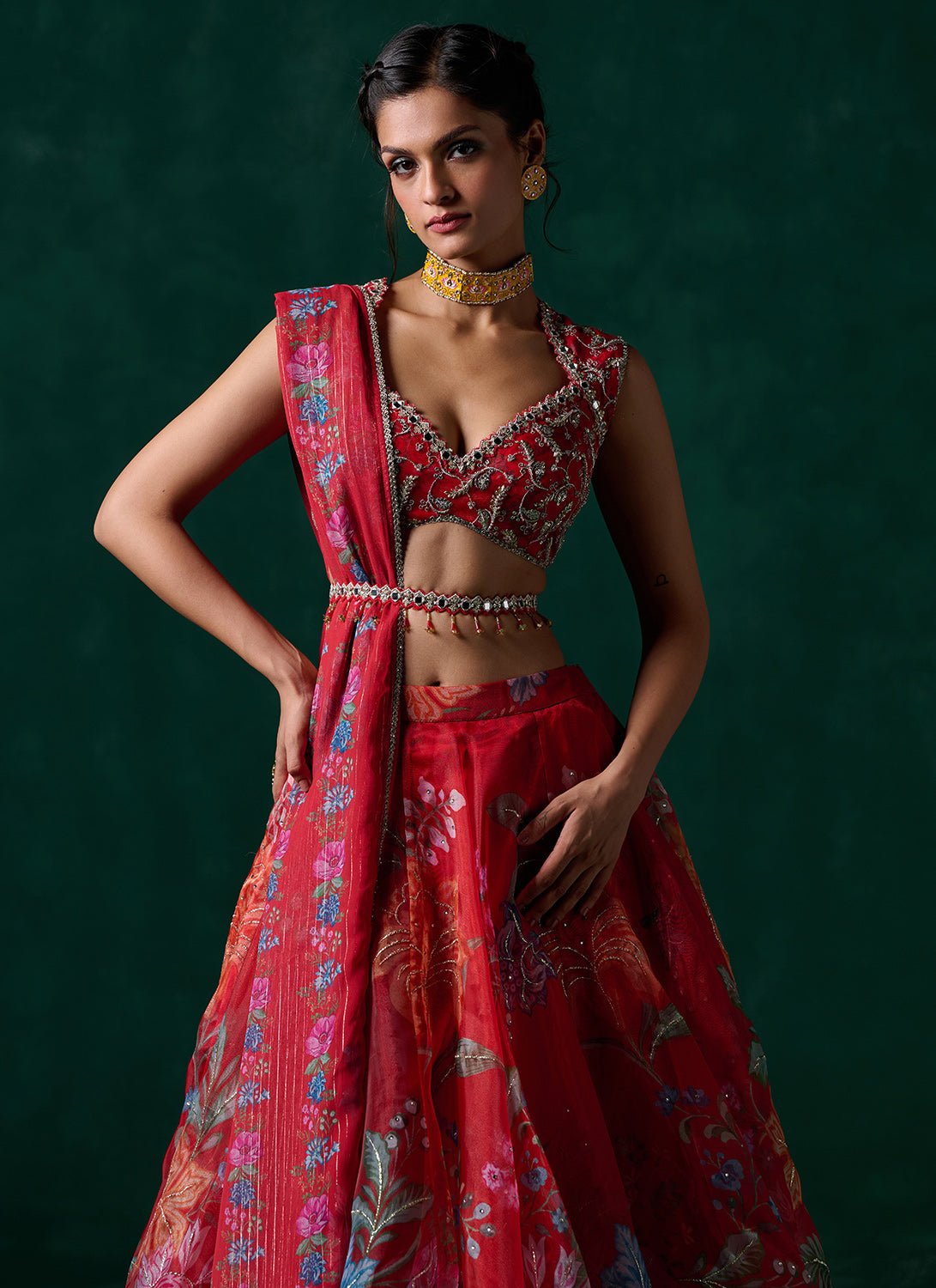 Red Multicolor Floral Printed Lehenga - Lashkaraa