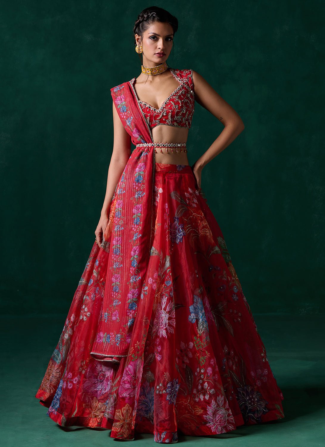 Red Multicolor Floral Printed Lehenga - Lashkaraa