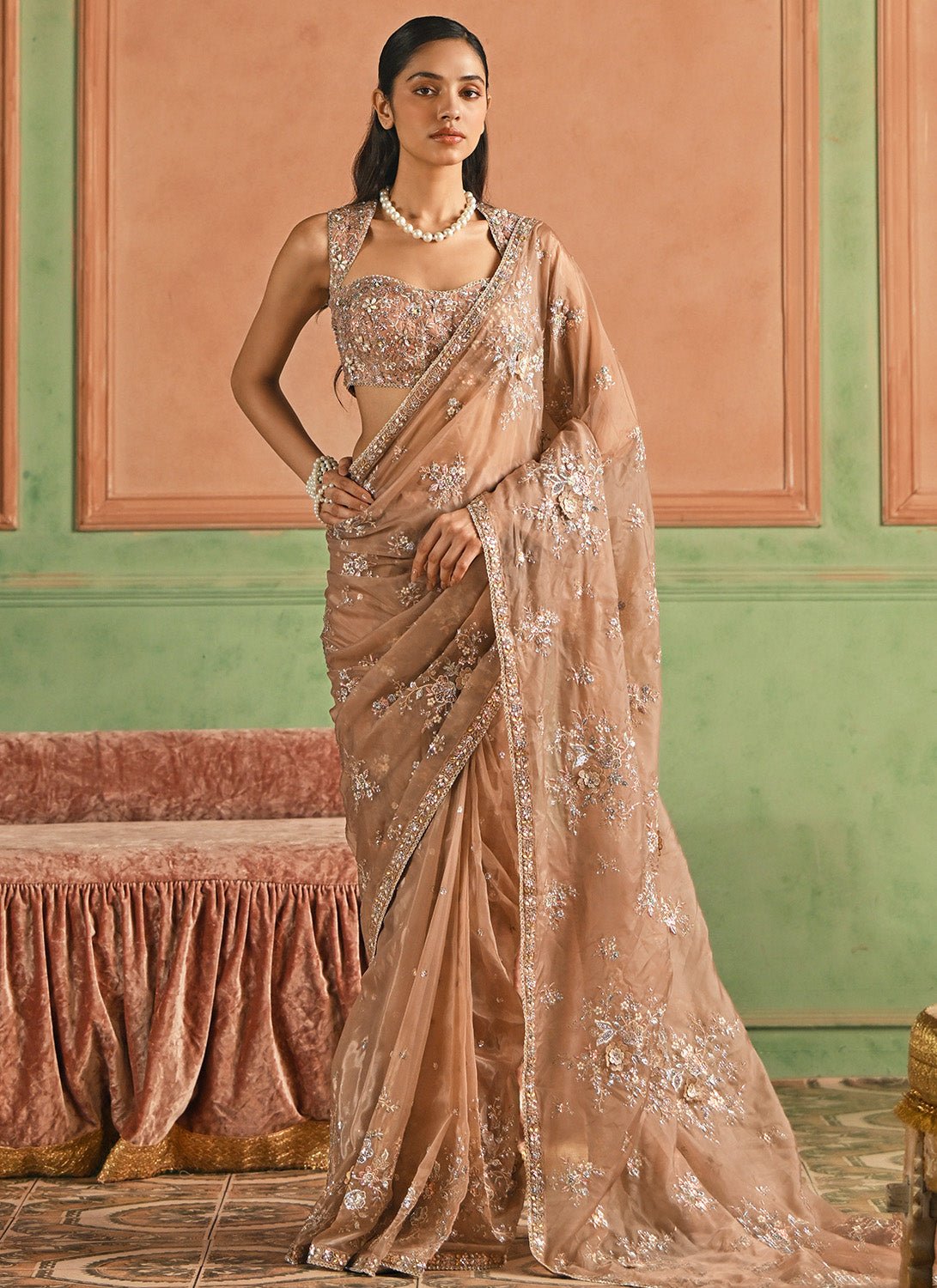 Rose Gold Embroidered Organza Saree - Lashkaraa