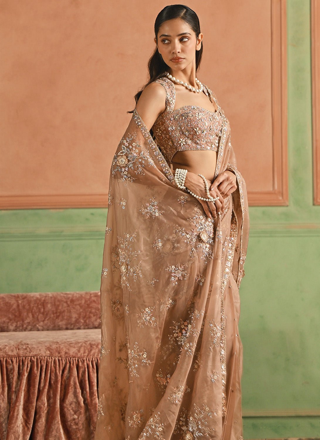 Rose Gold Embroidered Organza Saree - Lashkaraa