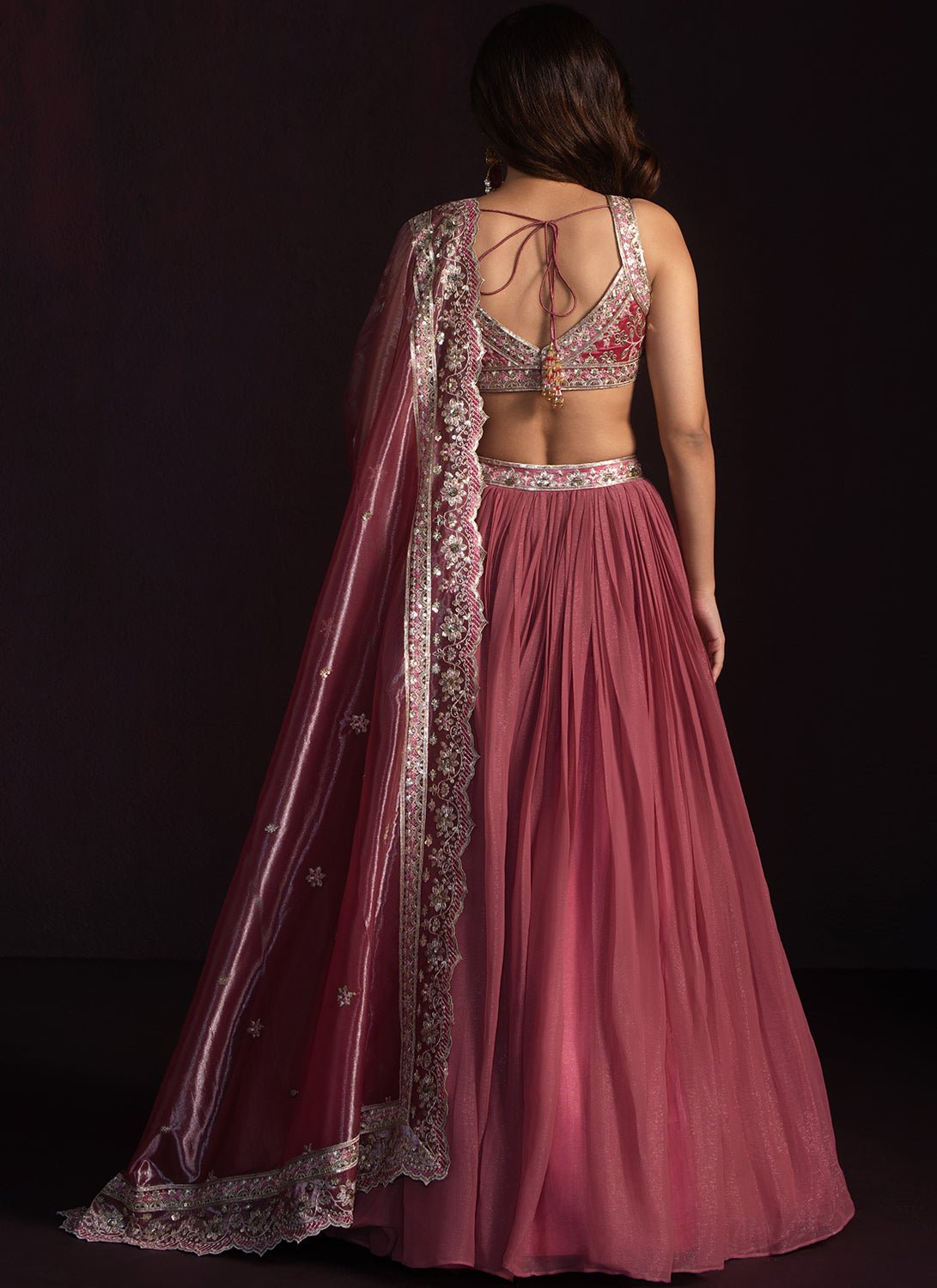Rose Pink Embroidered Chiffon Lehenga - Lashkaraa