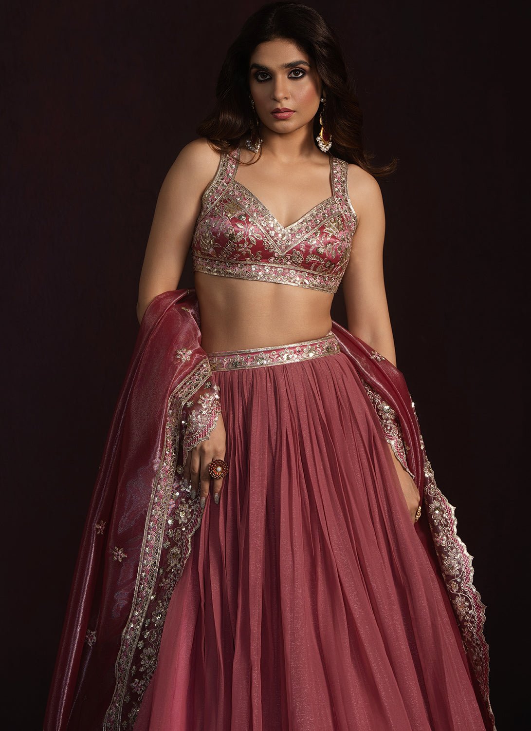 Rose Pink Embroidered Chiffon Lehenga - Lashkaraa
