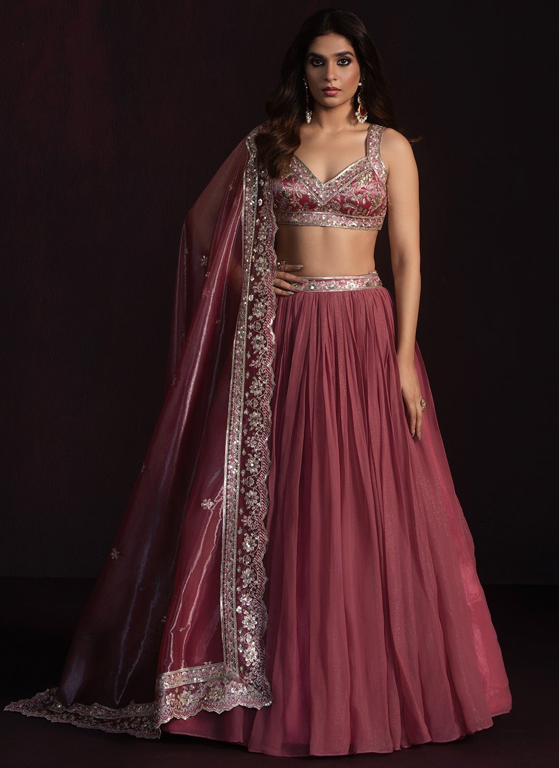 Rose Pink Embroidered Chiffon Lehenga - Lashkaraa
