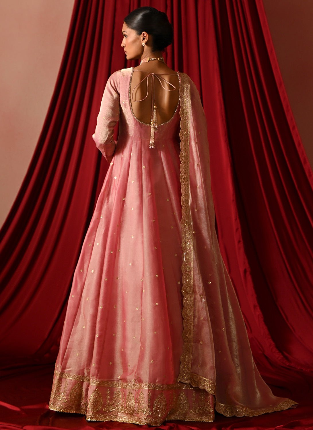 Rose Pink Embroidered Satin Anarkali - Lashkaraa