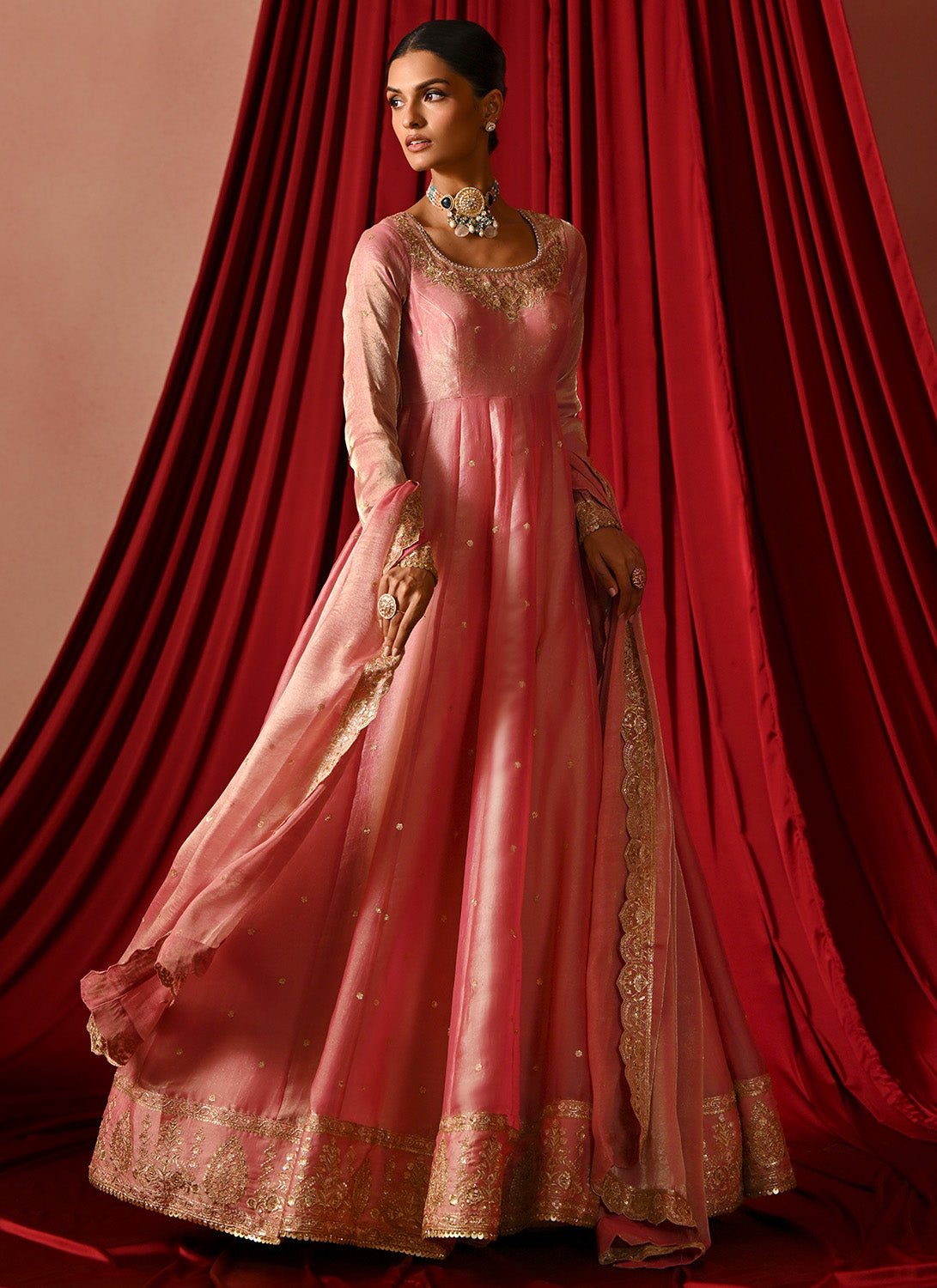 Rose Pink Embroidered Satin Anarkali - Lashkaraa