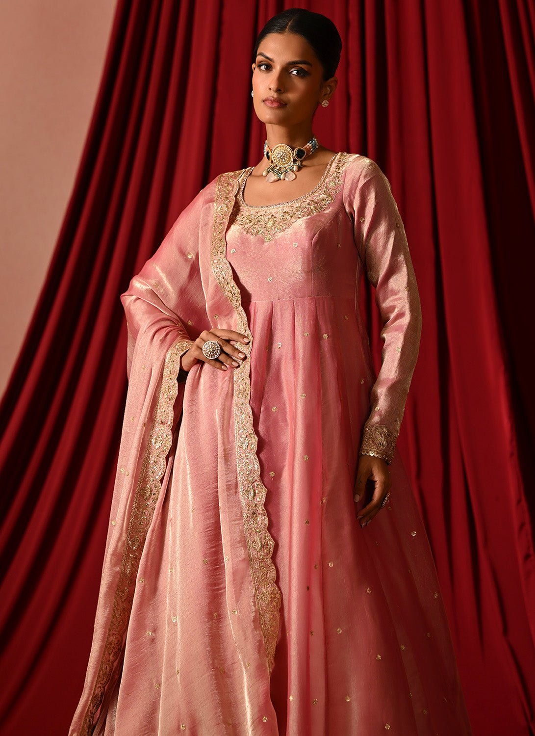 Rose Pink Embroidered Satin Anarkali - Lashkaraa