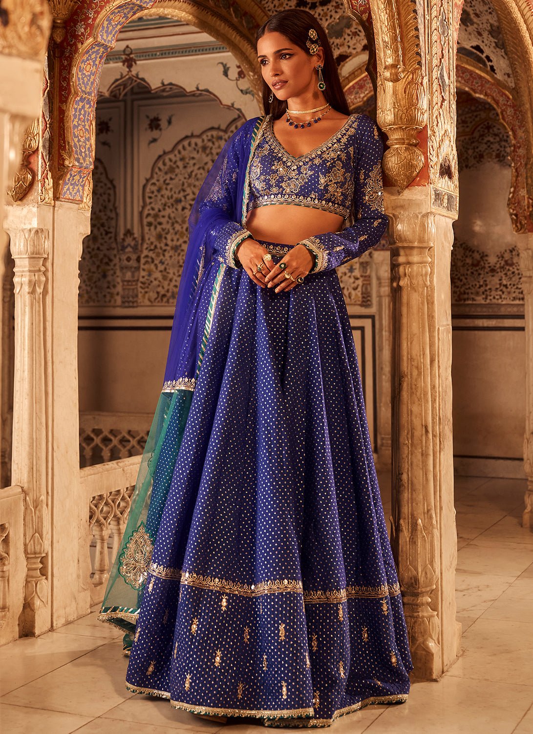 Royal Blue Embroidered Brocade Lehenga - Lashkaraa