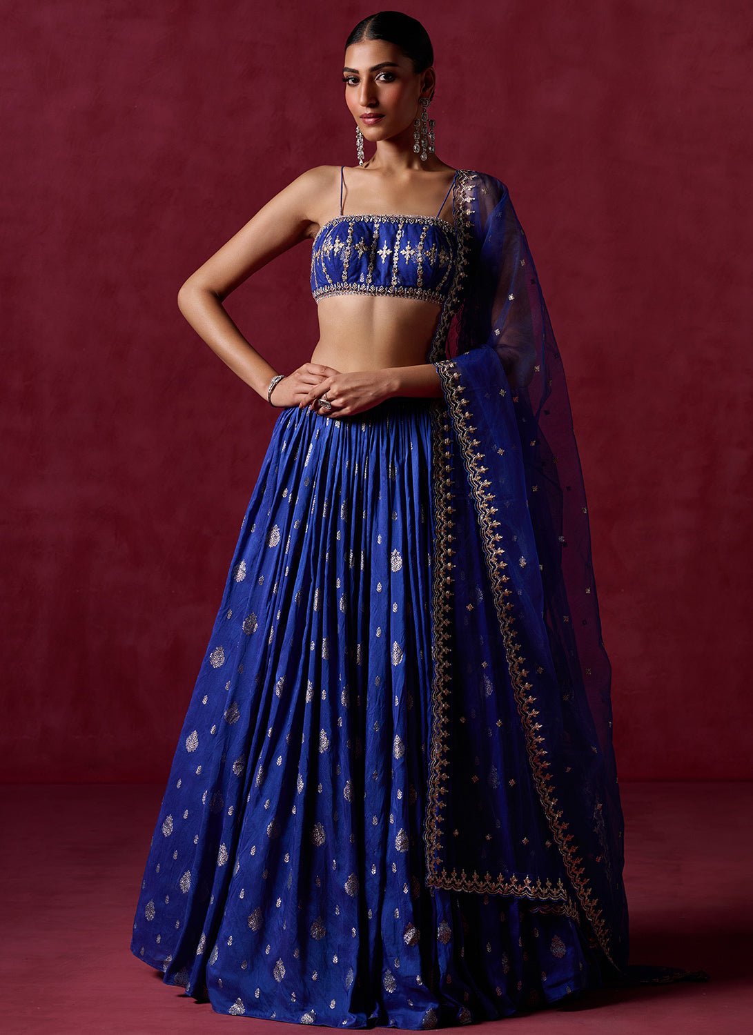 Royal Blue Embroidered Brocade Lehenga - Lashkaraa