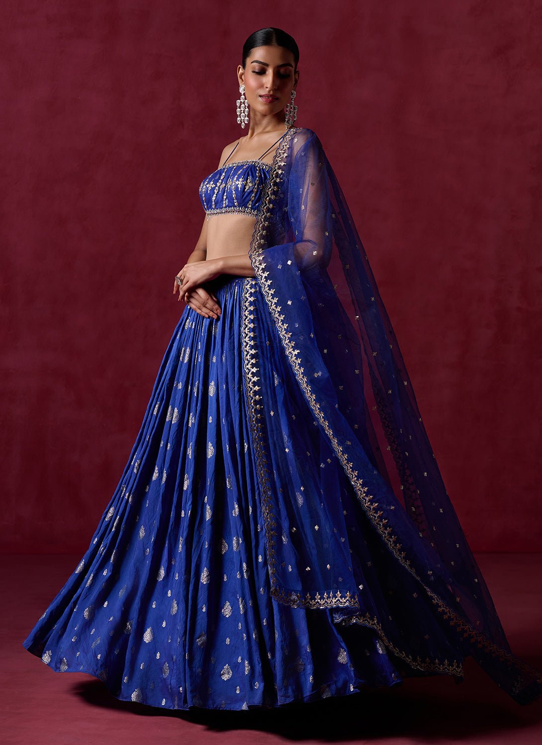 Royal Blue Embroidered Brocade Lehenga - Lashkaraa
