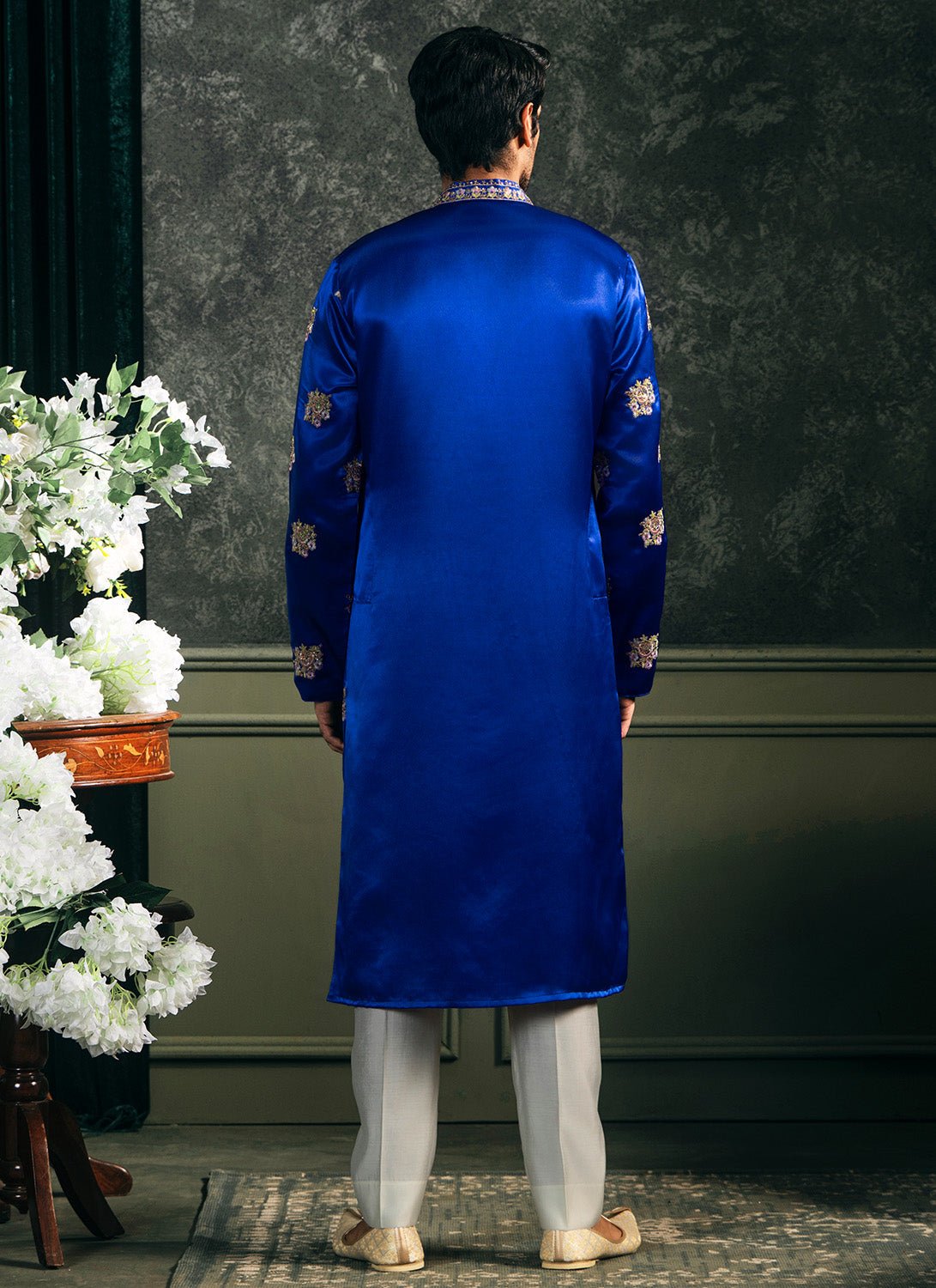 Royal Blue Embroidered Satin Kurta Set - Lashkaraa