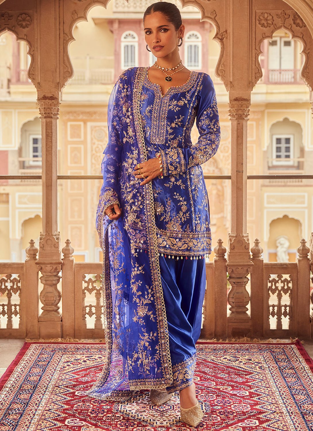 Royal Blue Embroidered Satin Punjabi Suit - Lashkaraa