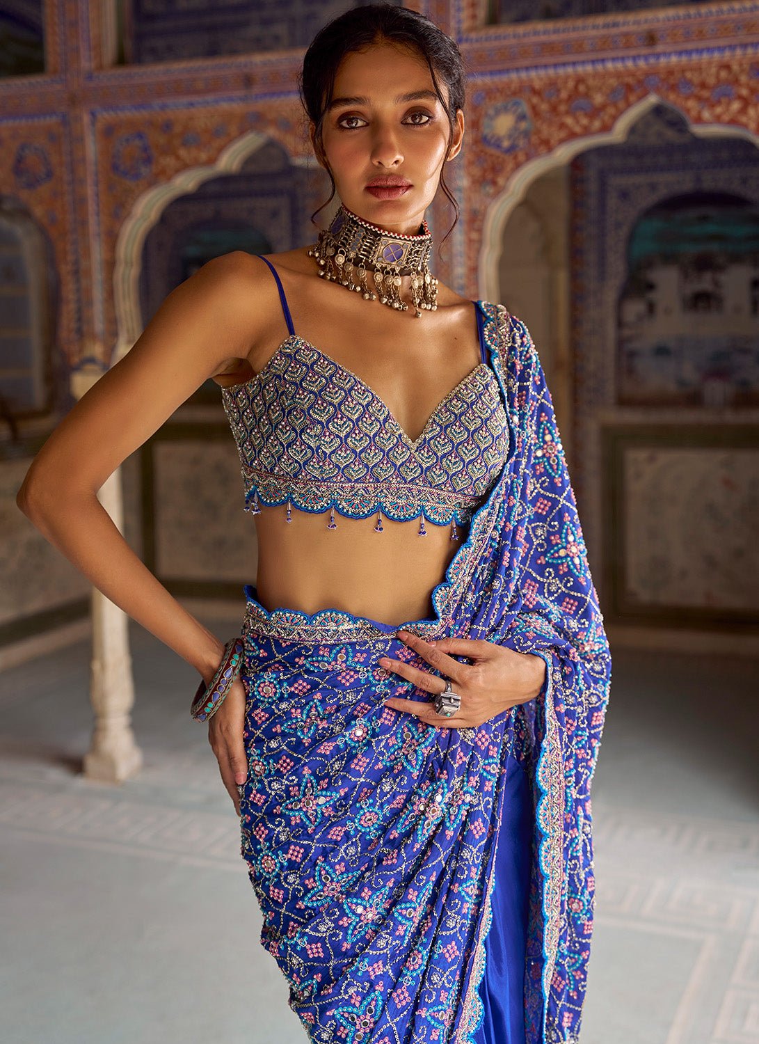 Royal Blue Embroidered Viscose Chiffon Saree - Lashkaraa