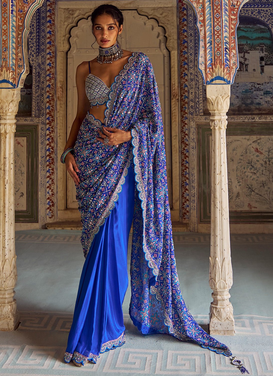 Royal Blue Embroidered Viscose Chiffon Saree - Lashkaraa