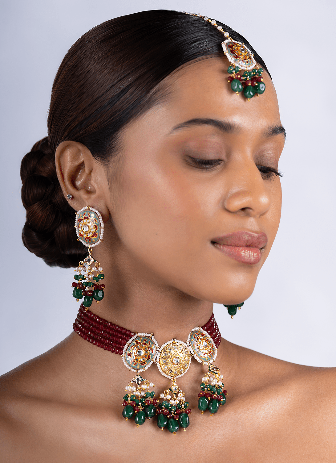 Ruby and Emerald Beaded Choker Set - Lashkaraa