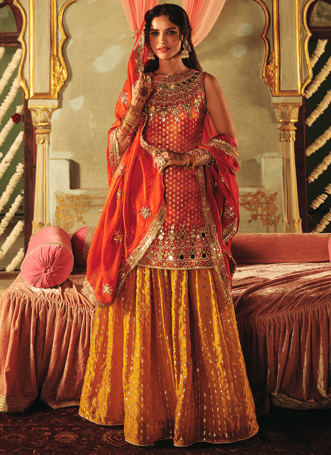 Rust and Mustard Embroidered Brocade Sharara - Lashkaraa