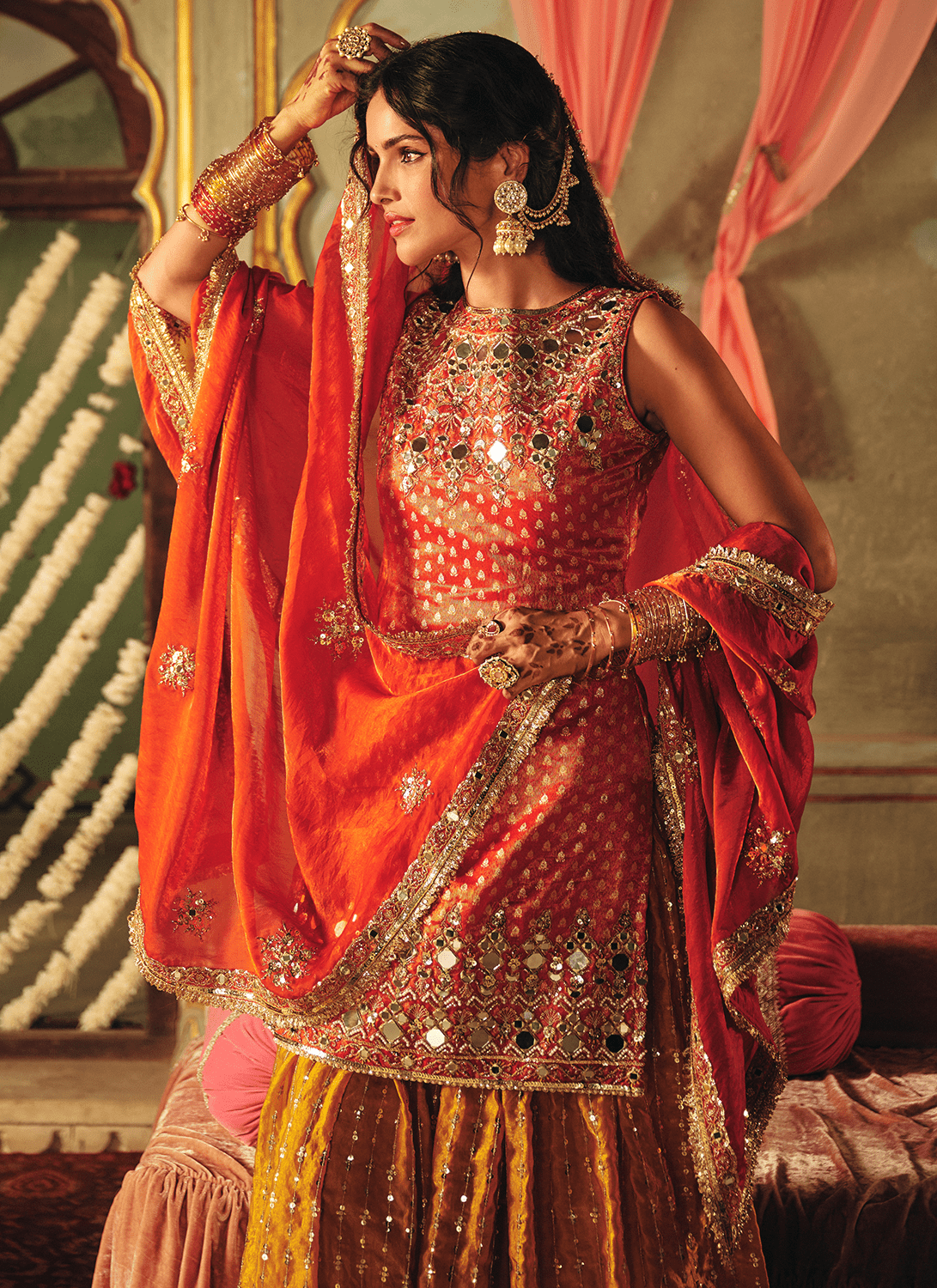 Rust and Mustard Embroidered Brocade Sharara - Lashkaraa